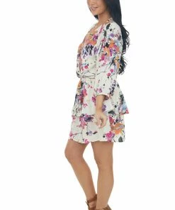 Umgee Cream Floral Surplice Neck Mini Dress With Long Sleeves Dresses
