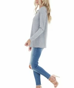 143 Story Tops Dove Grey Long Sleeve Textured Knit Top With Chest Cutout