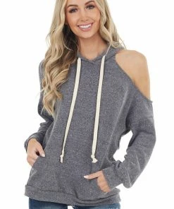 143 Story Heathered Charcoal Fleece Lined Hoodie With Cold Shoulder
