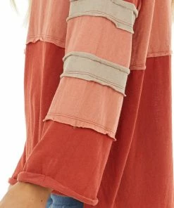 Umgee Rust And Apricot Top With Raw Hem Detail And Side Slits
