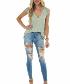 POL Clothing Sage Cap Sleeve Loose Knit Top With Crochet Lace Detail Tops