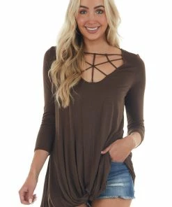 CY Fashion Chocolate Brown 3/4 Sleeve Knit Top With Caged Neckline Tops