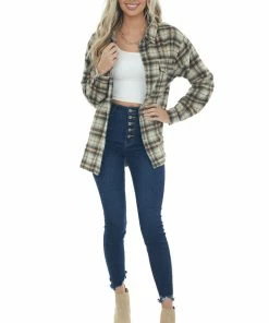 Kori America Beige Plaid Woven Shacket With Chest Pockets