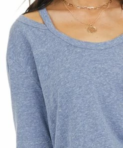 143 Story Tops Dusty Blue Shoulder Cutout Long Sleeve Stretchy Knit Top