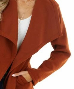 Hem & Thread Brick Red Heavy Knit Trench Coat With Waist Tie Detail Outerwear