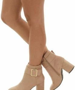 East Lion Corp. Shoes Latte Suede Large Buckle Block Heel Booties