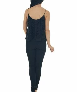 She + Sky Black Velvet Leopard Print Sleeveless Top