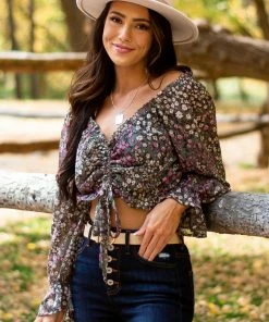 Illa Illa Deep Juniper Floral Off Shoulder Cropped Top Tops