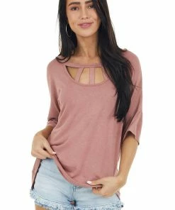 Vanilla Bay Tops Light Marsala Half Sleeve Knit Top With Chest Cut Outs