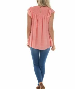 143 Story Tops Coral Smocked Cap Sleeve Woven Blouse