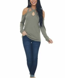 143 Story Olive Strappy Cold Shoulder Long Sleeve Top Tops