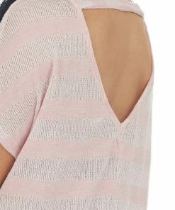 CY Fashion Tops Pale Pink Striped Loose Knit Top With Front Chest Pocket