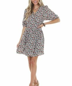 Staccato Peach Floral Print Surplice Dress With Short Sleeves 30 Staccato Peach Floral Print Surplice Dress With Short Sleeves