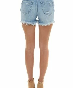 KanCan Medium Wash High Rise Destructed Shorts With Frayed Hem Bottoms