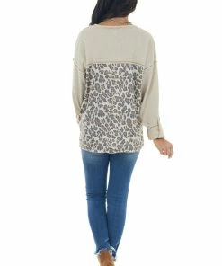 She + Sky Almond Long Sleeve Top With Leopard Print Back Tops 16 She + Sky Almond Long Sleeve Top With Leopard Print Back Tops
