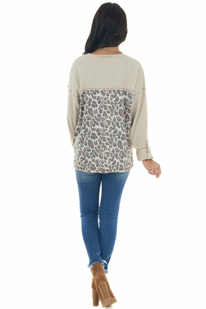 She + Sky Almond Long Sleeve Top With Leopard Print Back Tops 9 She + Sky Almond Long Sleeve Top With Leopard Print Back Tops