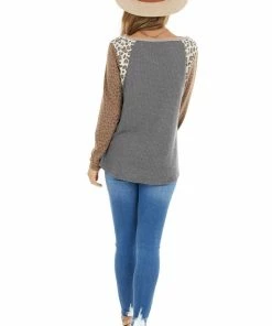 12PM Tops Stone Multiprint Waffle Knit Top With Leopard Long Sleeves