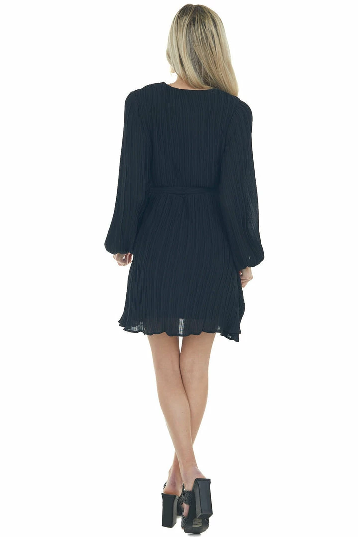 She + Sky Black Pleated Surplice Neck Waist Tie Dress 15 She + Sky Black Pleated Surplice Neck Waist Tie Dress