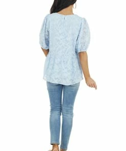 Staccato Tops Powder Blue Floral Lace Peplum Top With Short Puff Sleeves 32 Staccato Tops Powder Blue Floral Lace Peplum Top With Short Puff Sleeves