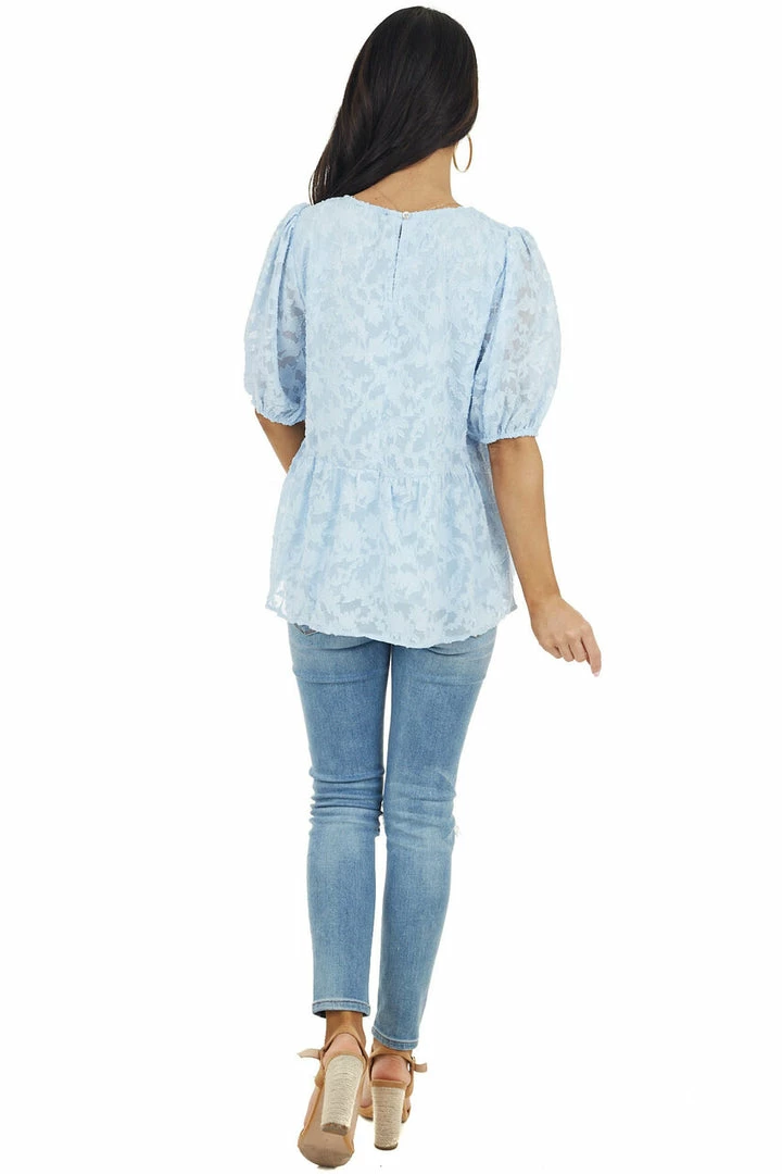 Staccato Tops Powder Blue Floral Lace Peplum Top With Short Puff Sleeves 17 Staccato Tops Powder Blue Floral Lace Peplum Top With Short Puff Sleeves