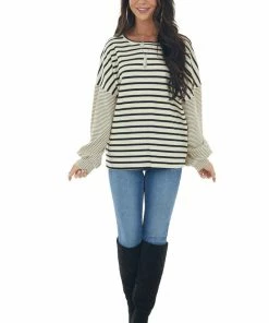 Hayden Tops Beige And Black Striped Bubble Sleeve Knit Top 12 Hayden Tops Beige And Black Striped Bubble Sleeve Knit Top