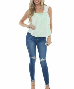 Umgee Lime Green Acid Wash Tank With Ruffled Straps