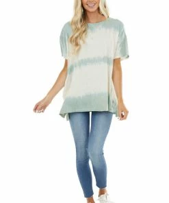 Easel Cream And Sage Washed Oversized Top With Side Pockets
