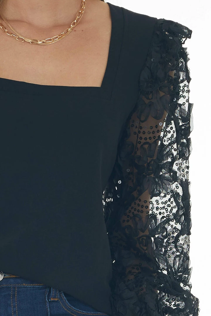 Vine & Love Black Square Neck Long Sequin Mesh Sleeve Top Tops 15 Vine & Love Black Square Neck Long Sequin Mesh Sleeve Top Tops