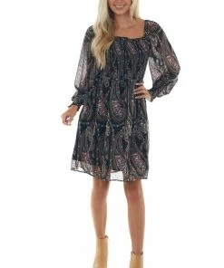 143 Story Black Paisley Print Smocked Woven Short Dress