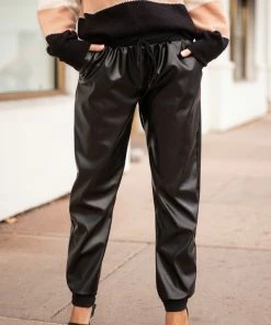 HEIMISH Black Faux Leather Joggers With Side Pockets Bottoms