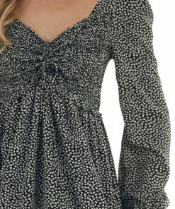 She + Sky Black Ditsy Leaf Print Long Sleeve Short Dress Dresses
