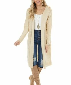 Cozy Casual Light Beige Textured Loose Knit Duster Cardigan With Hood Tops