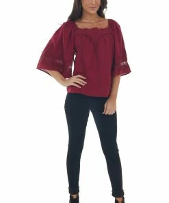 Umgee Maroon Flare Sleeve Lace Trim Blouse