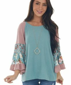 Umgee Teal Colorblock Tiered Sleeve Waffle Knit Top 26 Umgee Teal Colorblock Tiered Sleeve Waffle Knit Top