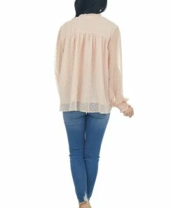 Ces Femme Tops Peach Swiss Dot Smocked Peasant Style Blouse