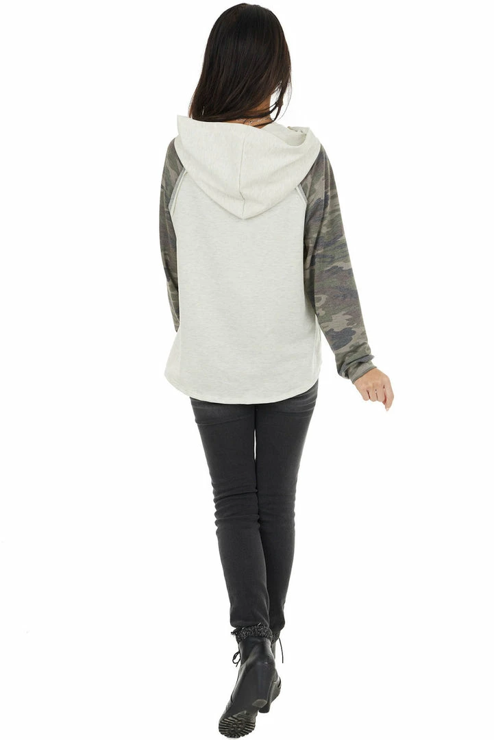 12PM Tops Oatmeal Hoodie Knit Top With Camo Print Contrast Sleeves 18 12PM Tops Oatmeal Hoodie Knit Top With Camo Print Contrast Sleeves