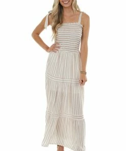 She + Sky Copper And Off White Striped Woven Maxi Dress