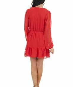 Peach Love Dresses Ruby Red Swiss Dot Woven Dress With Front Tie Closure