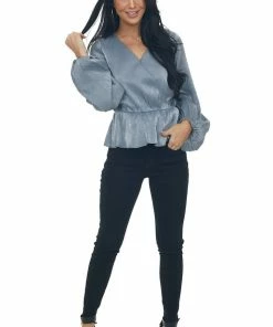 Peach Love Steel Metallic Drop Waist Surplice Peplum Top 30 Peach Love Steel Metallic Drop Waist Surplice Peplum Top