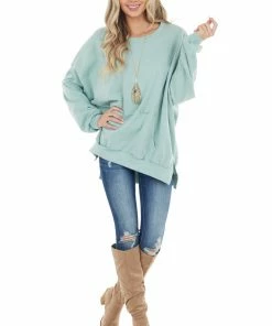 Blue Buttercup Sage Sweatshirt With Kangaroo Pocket And Side Slits Tops