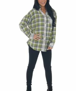 Davi & Dani Tops Rich Olive Plaid Button Up Top With Raw Detail