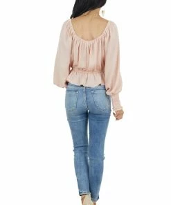 She + Sky Tops Peach Peplum Crop Top With Bubble Sleeves And Smocked Cuffs