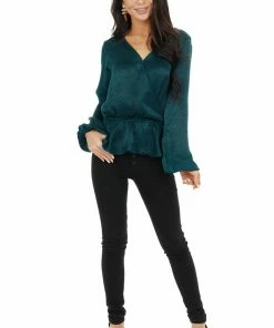 Caramela Pine Green Satin Surplice Blouse With Elastic Ruffle Hemline Tops