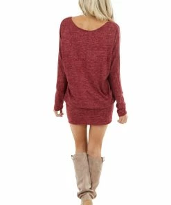 EG Fashion Maroon Long Sleeve Tunic Dress With Long Banded Hem Dresses
