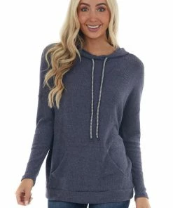 Staccato Navy Knit Sweatshirt With Striped Drawstrings Tops