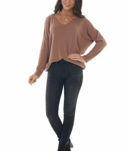 143 Story Chestnut Drop Shoulder Soft Brushed Knit Top Tops