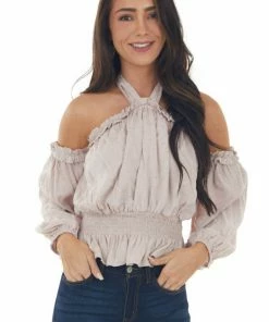 Peach Love Light Latte Swiss Dot Off Shoulder Halter Top Tops 26 Peach Love Light Latte Swiss Dot Off Shoulder Halter Top Tops