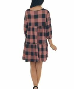Fantastic Fawn Marsala Buffalo Plaid Long Bubble Sleeve Dress Dresses