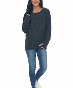 BiBi Tops Charcoal Dolman Sleeve Brushed Knit Top