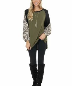 First Love Tops Olive Leopard Print Colorblock Long Sleeve Loose Fit Top